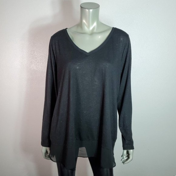 Lane Bryant Top Plus Size 18/20‎ Metallic Chiffon Hem Stretch Long Sleeve Black - Picture 2 of 5